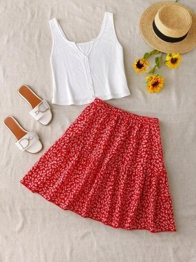 Red Floral A-Line Skirt - Women's Casual Summer Skirt And Crop Top